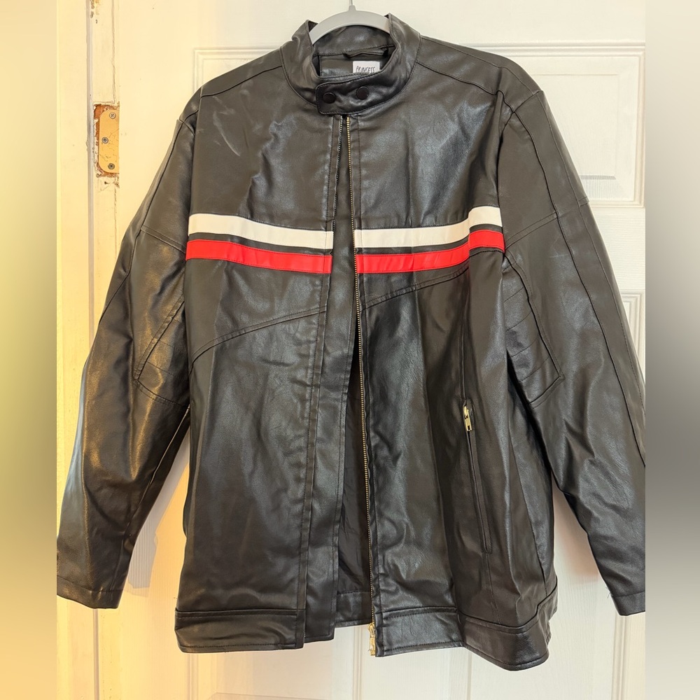 Princess Polly Faux Leather Jacket with Red and White Accents